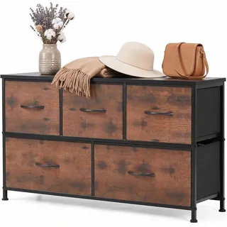 DUMOS Kommode mit Schubladen - Kommoden & Sideboards für Schlafzimmer Geeignet, Komodenschrank mit 5 Schubladen, Stoffkommode mit Stahlrahmen, Schrank Klein, Ideal für Flur, Wohnzimmer (Vintagebraun)