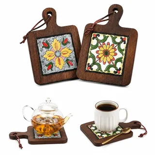 2 Stück Holz Topfuntersetzer, Vintage Topfschutz Untersetzer, Quadrat Hitzebeständig topfuntersetzer hitzebeständig für Küche, Dekorative Topflappen Untersetzer für Teller, Schüsseln (Farbe 1)