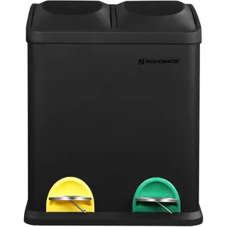 Songmics Mülleimer 30 Liter, Mülltrennung, 2 x 15 Liter, Abfalleimer, Treteimer mit Inneneimern, farbigen Pedalen, Mülltrennsystem für die Küche, schwarz LTB30B