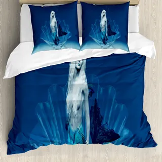 ABAKUHAUS Meerjungfrau Bettbezug, Fairy Tail Mermaid, Milbensicher Allergiker geeignet mit Kissenbezügen, 200 cm x 200 cm - 80 x 80 cm, Blau und weiß