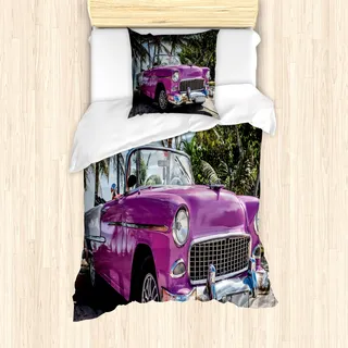 ABAKUHAUS Autos Mantele, Cabriolet Geparkt am Strand, Milbensicher Allergiker geeignet mit Kissenbezügen, 135 cm x 200 cm - 80 x 80 cm, violett Grün - Grün