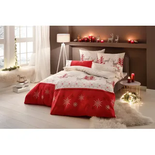 Bettwäsche OTTO HOME "Venua in Gr. 135x200 oder 155x220 cm", rot (rot, beige), B/L: 155cm x 220cm, 1 Stk., 1 Stk., Biber, B/L: 80cm x 80cm, 2 Stk., Biber, Obermaterial: 100% Baumwolle, Bettwäsche, Bettwäsche, Winterbettwäsche, Weihnachtsbettwäsche