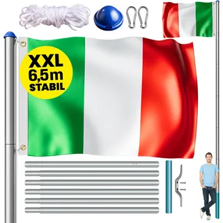 MONZANA® Fahnenmast 6,5m Seilzug Bodenhülse inkl. Italien Flagge Italienische Nationalflagge Fahne höhenverstellbar Flaggenmast Aluminium Teleskop Fahnenstange - Grün