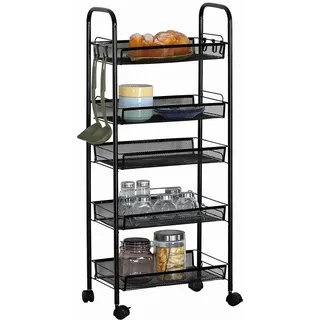 BAKAJI Mehrzweckwagen, Aufbewahrungskorb, schmal, schmal, bequem, platzsparend, Küche, Büro, Dekor, Design, Farbe Schwarz (5 Regale)