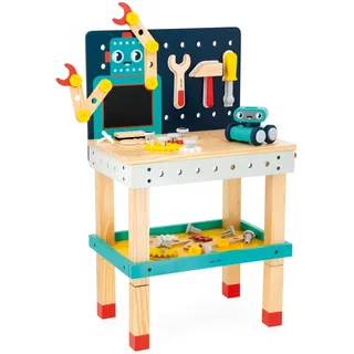 Janod - Brico'Kids Große Roboter-Werkbank - Bauspiel Kind - 51 Bauelemente + 3 Werkzeuge + 1 Roboter - Rollenspiel - Fördert Feinmotorik - Ab 36 Monate, J06457