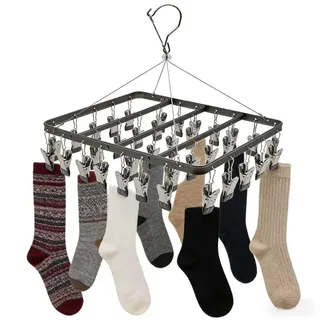 trrcylp Wäscheständer aus Metall mit 36 Clips, winddichter Haken, Faltbarer Wäscheklammer für Socken, BHS, Unterwäsche Kleiderbügel (Schwarz)