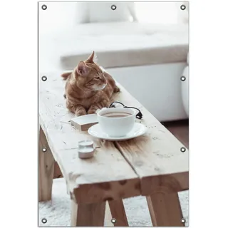 Wallario Outdoor-Poster für Garten oder Balkon, Motiv Süße rot getigerte Katze beim Kaffee, in ca. 80 x 120 cm - Braun