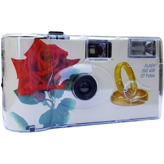 Hochzeitskamera / Einwegkamera Rote Rose mit Ringe (deutsche Bedienungsanleitung, mit Blitzlicht und Batterien, je 27 Fotos, ISO 400 Fuji)