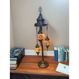 Türkische Tischlampe mit 3 handgefertigten Mosaik-Glaskugeln - Multicolor Nachttischlampe für orientalische Beleuchtung - Bunt