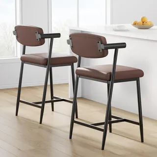GarveeHome 2er Set Barhocker Mit Sitzkissen Aus PU-Leder Und Metallgestell, Esszimmerstühle Mit Rucklehne, Hohe Hocker Mit Fußlehnen Und Armlehnen, Für Esszimmer Und Wohnzimmer, 49 x 48 x 94 cm