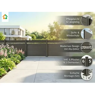 WPC‐Sichtschutzzaun Valla – 5 Elemente 6 Pfosten mit Dekorleisten, ca. 9,1×1,3 m - Grau, Dunkelgrau