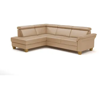 CAVADORE Leder-Schlafcouch Ammerland mit Ottomane / Landhaus-Sofa mit Federkern, Bett, Bettkasten + Kopfteilverstellung / 245 x 84 x 194 / Leder Beige