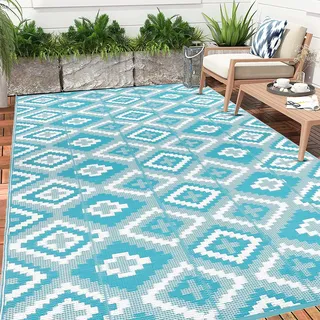 Enyhom Groß Außenteppich 180 x 270 cm, Robuster Flachgewebe Kunststoff Picknickdecke, Wendbarer UV-beständige Campingmatte, Wasserdicht Farbecht Balkonteppich für Outdoor RV Camping, Türkis