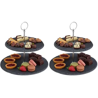 Relaxdays Etagere, 2 Etagen, Schiefer, Kuchen, Snacks, Obst, Metallgriff, Servierständer, HxD 23x25 cm, anthrazit/silber, 1 Stück (Packung mit 2)