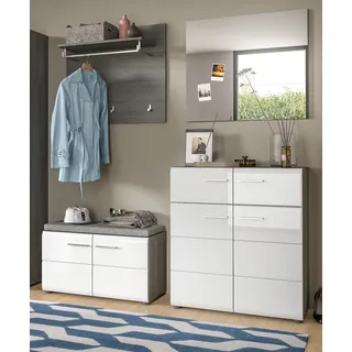 Garderobe Set 4-teilig "Rumba" weiß Hochglanz und grau 175 cm mit Sitzkissen - Weiß, Grau