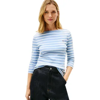 Tommy Hilfiger Damen Slim Cody Boat-NK 3/4SLV WW0WW40589 L/S T-Shirt, Blau (Clear Water/Ecru STP), L, Blau (Clear Water/Ecru STP), L