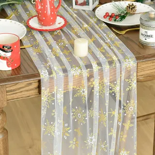 Artoid Mode Gaze Tüll Weiß Gold Schneeflocken Winter Tischläufer 70x300 cm, Weihnachten Küche Tisch Dekoration Drinnen Urlaub Party Dekor