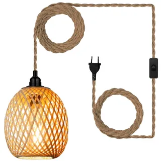EcoGehen Hängelampe Lampenschirm mit Stecker Outdoor Lampe Hängend Boho Rattan Deckenlampe Hängeleuchte Bambus Deko Deckenleuchte Esstisch Lampen Hängelampen Pendelleuchte 4,5M Kabel für Schlafzimmer