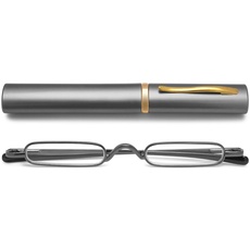 VEVESMUNDO Lesebrille Schmal Mini Klein Metall Lesehilfe Sehhilfe Brille mit Etui für Unterwegs Herren Damen (Dunkelgrau, 1.5)