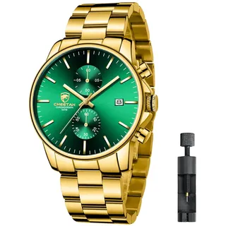 Affute Uhren Herren mit Edelstahl und Metall, Leger, Wasserdicht, Chronograph, Quarzuhr, Automatisches Datum, Bunte Zeiger Armbanduhr Herren - Gold Grün