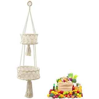 LWZko Obstkorb Hängend 2 Etagen, Hängekorb Obstkorb, Boho, Hängekorb Küche Vintage, Handgewebter Obst Hängend aus Baumwollseil für Kann in Küchen, Wohnzimmer, Esszimmer, Terrassen