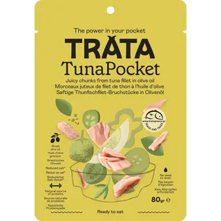 TRATA Tuna Pocket mit Olivenöl | Saftiger Thunfisch | Thunfischfilet-Stücke in Olivenöl | Kein Abtropfen nötig | Proteinquelle - High Protein