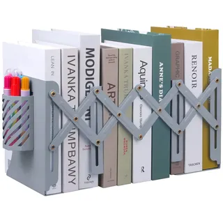 MSDADA Buchstützen Verstellbar Erweiterbar Metall Kinder Buchständer Zeitschriftenordner rutschfeste Bücherhalter Mit Abnehmbarem Stifthalter für Küche Büro Schule Bibliothek (Grau)