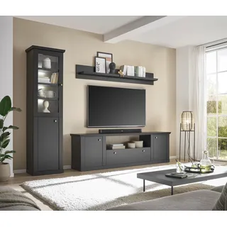 Wohnwand HOME AFFAIRE "Lincoln, moderne Anbauwand, Komplettset im Landhausstil", schwarz matt, B:270cm H:200cm T:42cm, FSC-zertifizierter Holzwerkstoff, Kastenmöbel-Sets, Wohnwand, enthält Vitrine, Lowboard und Wandboard, 270 cm breit