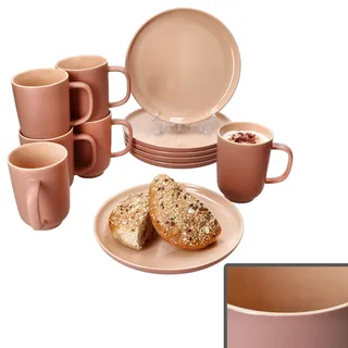 Ritzenhoff & Breker Jasper 12tlg Frühstücksset Puder I Je 6x kleine Teller & Kaffeebecher 250ml, Höhe 10,4cm für 6 Personen I Tasse, Kuchenteller I Steingut-Geschirr für Frühstücks- & Kaffeezeit