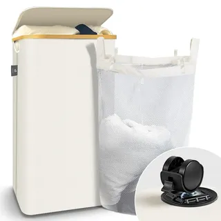 VOUNOT® Wäschekorb mit Deckel 100L, Faltbarer Wäschesammler mit Herausnehmbar Wäschesäcke, Laundry Basket Wäschebox, Beige