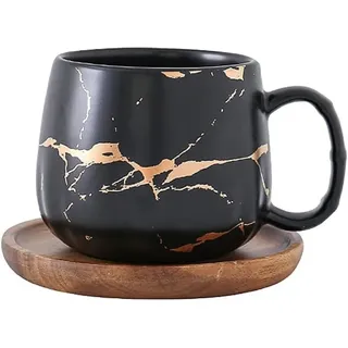 MAGICVOGEL Keramik Kaffeetasse mit Untertasse 400ml Kaffeebecher Espressotasse Set Marmor Optik Teetasse Cappuccino Tasse zum Geburtstag Muttertag Valentinstag Hochzeit (Schwarz)