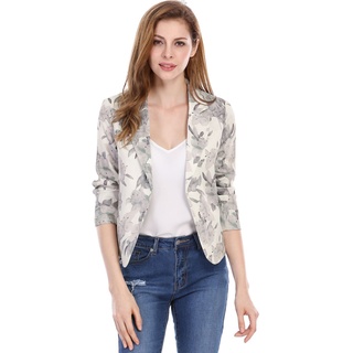 Allegra K Damen Gekerbter Kragen Offen Blazer Freizeit Jacke Büro Sakko Beige Floral XL