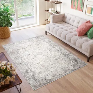 TAPISO Valley Teppich Kurzflor Vintage Creme Weiß Grau 200 x 300 cm | Design Used Effekt Meliert Verwischt Wohnzimmer Schlafzimmer OEKO-TEX