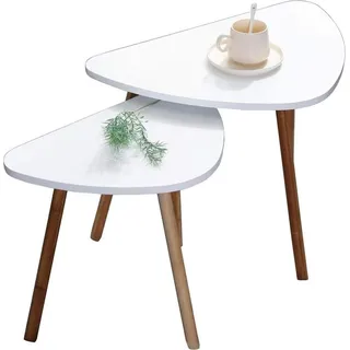Set von 2 weißen skandinavischen Holztischen - minimalistisch - Pflanzenständer - Nachttisch - 60 x 40 x 45 cm & 46 x 30 x 41 cm