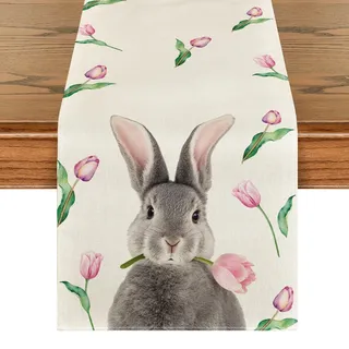 Artoid Mode Tulpe Hase Ostern Tischläufer, Waschbar Modern Frühling Küche Esstisch Dekoration für drinnen und draußen Urlaub Party Wohnzimmer Dekor 40 x 180 cm