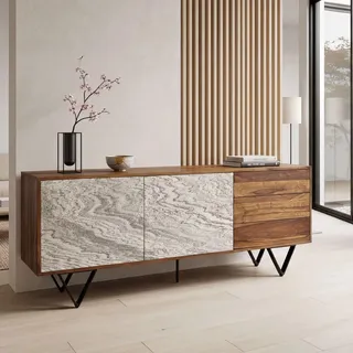 FineBuy Sideboard Sheesham Massivholz 175 cm 2 Türen & 3 Schubladen - Massive Retro Kommode Steinoptik - Design Natur Anrichte - Handdustrial - Braun