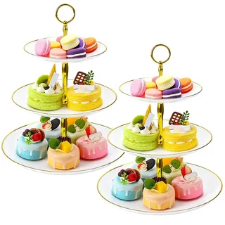 Zuxbolf 2er Set Tortenständer Etagere 3 Etagen Ø14.5/19.5/24.5cm Muffin Ständer Cupcake Halter Rund Kuchenständer Serviertablett Weihnachtsteller Tortenetagere Gold&Weiß für Hochzeit Geburtstag Party