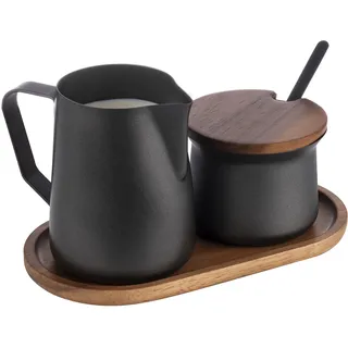 APS Milch- und Zucker-Set, 5-tlg. Set, Akazienholz, Edelstahl, antihaft beschichtet, schwarz