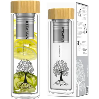 amapodo Teeflasche aus Glas mit Sieb - 400ml Tee Flasche Teekanne to go - Trinkflasche doppelwandig aus Borosilikatglas