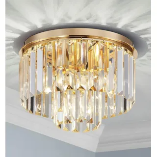 SHRINE LIGHTING Kristall-Deckenleuchte, Moderne Unterputz-Deckenleuchte, D30cm x H21cm, E14 Sockel 3-Licht, Gold Finish & K9 Kristall