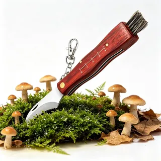phxdance Pilzmesser mit Bürste, 21 cm Klappmesser mit Holzgriff und gebogener Klinge aus rostfreiem Stahl, integriertes Lineal zur Größenmessung, Schwammerlmesser für Pilzsammler, Geschenk