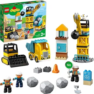 LEGO 10932 DUPLO Baustelle mit Abrissbirne, Spielzeug mit Baustellenfahrzeugen wie LKW, Kran und Bagger, Motorikspielzeug für Kinder ab 2 Jahre - Beige