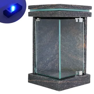 Grab-Lampe Granit Gneis Grau mit LED Friedhofs-Laterne Grab-Schmuck Ecktür Glas