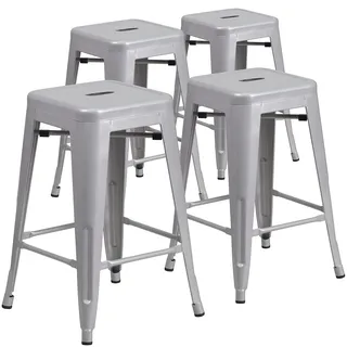 Flash Furniture Barhocker, kommerzielle Qualität, 61 cm hoch, ohne Rückenlehne, Metall, für Innen- und Außenbereich, Thekenhöhe, quadratische Sitzfläche, Kunststoff, galvanisierter Stahl, silberfarben, 4 Stück