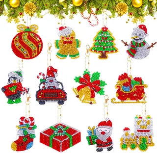 12 Stück Weihnachten 5D Diamond Painting Anhänger,Doppelseitig DIY Diamant Malerei Schlüsselanhänger Kits für Kinder Erwachsene,Weihnachtsbaum Weihnachtsmann Schlüsselbund Kunst Ornamente Dekoration