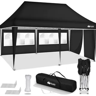 tillvex Pavillon 3x6m - mit 3 Seitenwänden Schwarz wasserdicht | Pop-Up Faltpavillon höhenverstellbar | Gartenzelt UV Schutz 50+ | Partyzelt mit Tasche für Garten - Schwarz