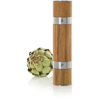 AdHoc Duomill Pfeffer- & Salzmühle, edle 2-in-1 Doppelmühle aus Akazienholz | Langlebiges Keramikmahlwerk für Salz & Pfeffer, stufenlos von fein bis grob, Aromaschutzkappen, hochwertiges Holz & Edelstahl