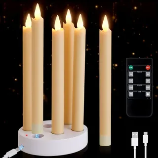 IMAGE 6 Stück wiederaufladbare flammenlose Stabkerzen mit Ladestation, flackernde LED Kerzen mit Fernbedienung & Timer, perfekt für Haus/Erntedankfest/Hochzeit/Weihnachtsdekoration, 9,17 * 0.82zoll