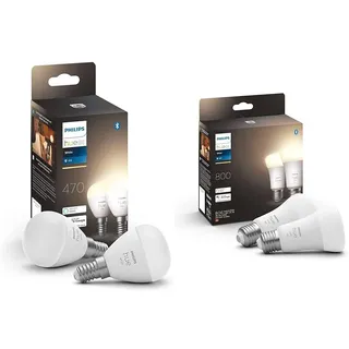 Philips Hue White E14 Luster Doppelpack 2x470lm & White E27 Lampe Doppelpack 2x805lm, dimmbar, warmweißes Licht, steuerbar via App, kompatibel mit Amazon Alexa (Echo, Echo Dot)
