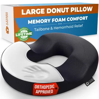 5 Star United Memory-Foam Donut Sitzkissen: Großes orthopädisches Sitzringkissen zur Linderung von Hämorrhoiden- & Steißbeinschmerzen, Ergonomische U-Form, rutschfest, Waschbarer Bezug: Schwarz Groß